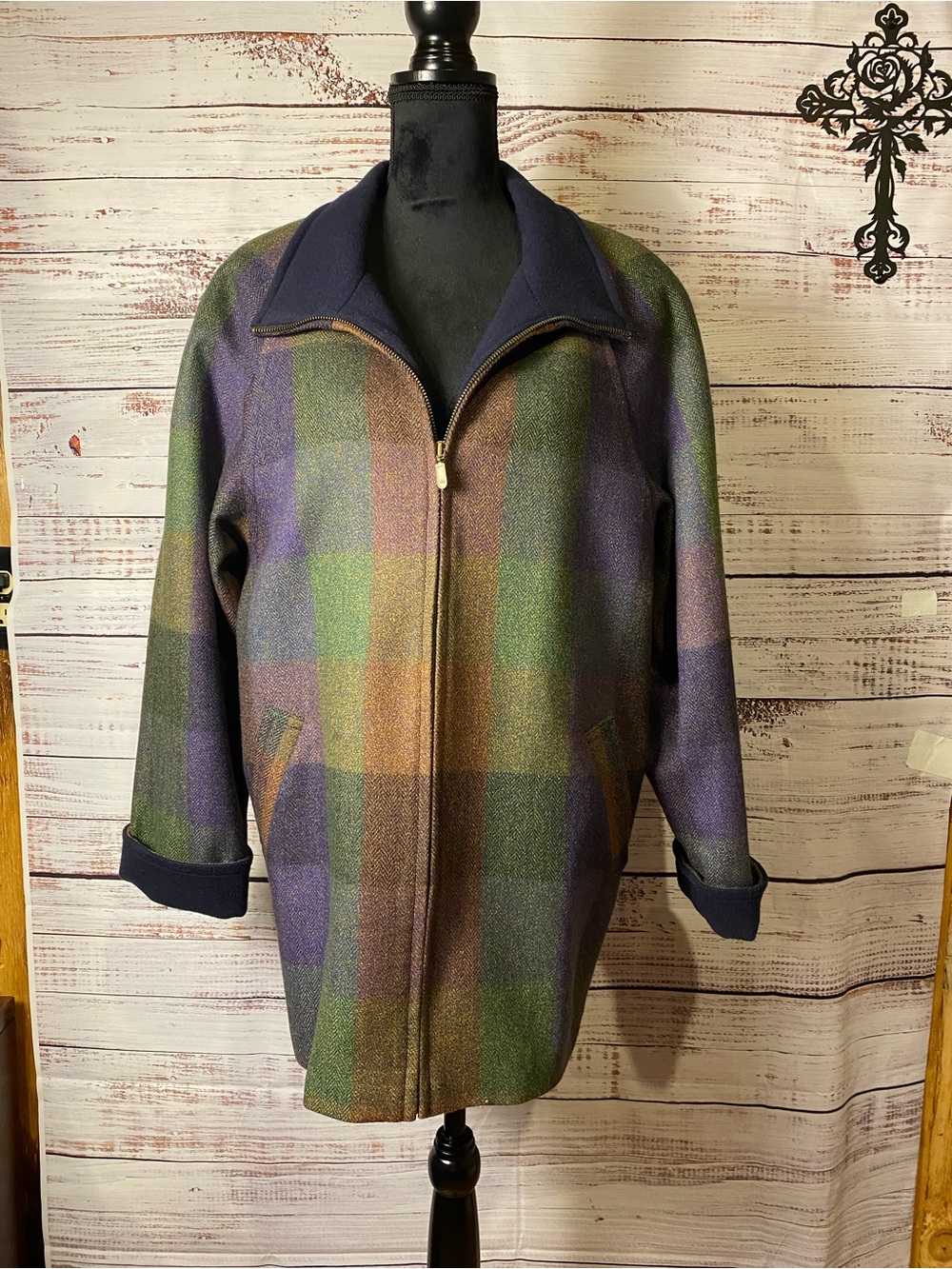 VTG Avoca Wool & Cashmere Blend Plaid Zip-Front Pea Coat Sz-US 14